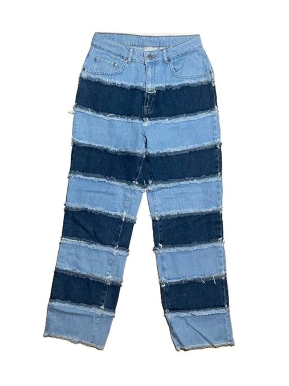 Patchwork Striped Jeans Raw Hem Frayed Contrast Denim
